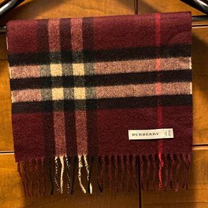 SOLD SOLD 100% AUTHENTIC BURBERRY SCARVE; 100% CASHMERE  BURGUNDY CLASSIC CHECK